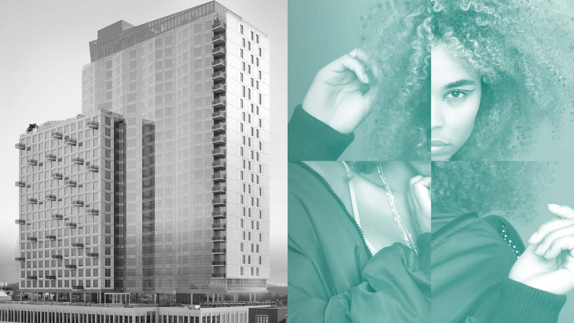 Left side: Black and white photograph of a modern high-rise residential building with geometric facade and waterfront location. Right side: Teal-toned composite portrait of a woman with curly hair, shown in multiple overlapping angles wearing casual clothing and a chain necklace.